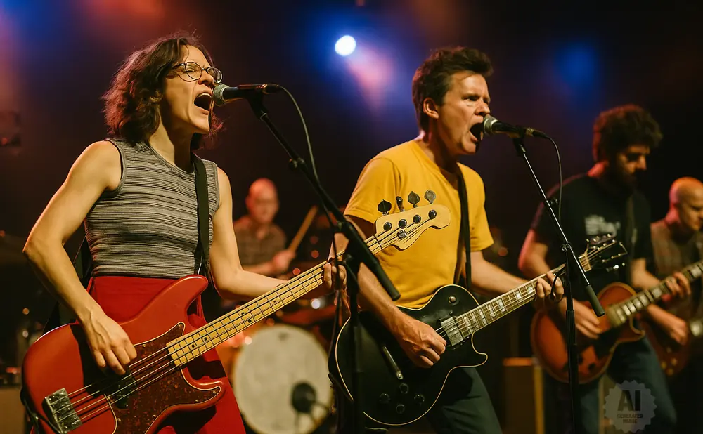 A band performs on stage, with a female bassist singing into a microphone and two guitarists behind her.