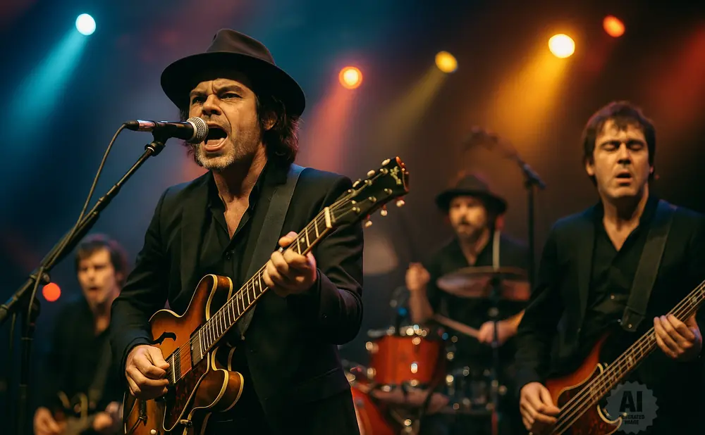 A rock band performs on stage, with the lead singer in a hat playing guitar and singing into a microphone.