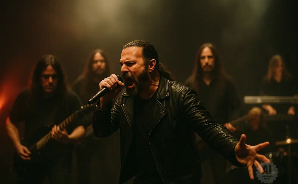 A male singer in a leather jacket screams into a microphone, with band members playing instruments behind him.