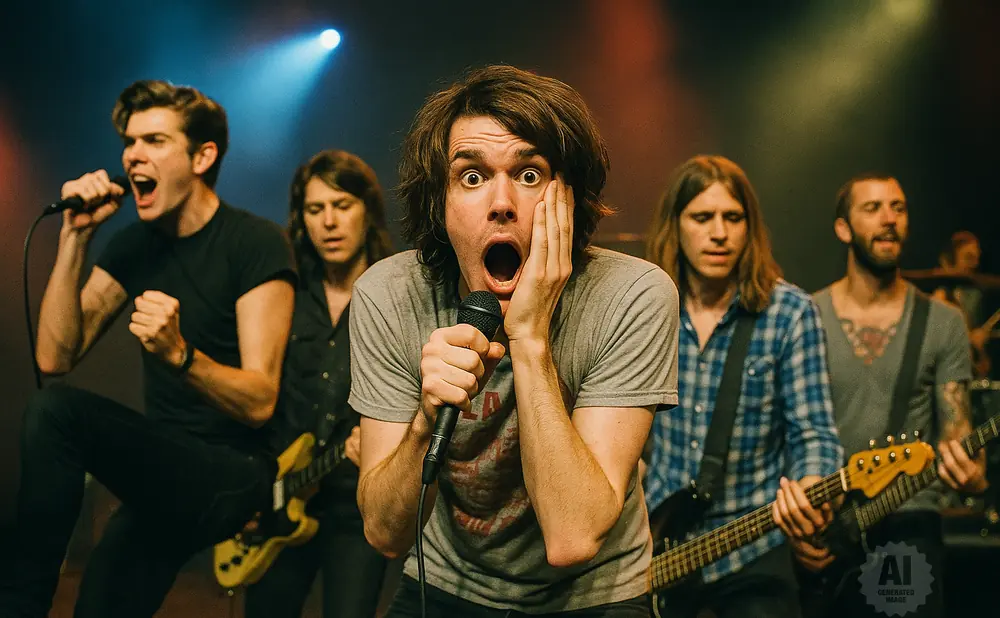A band performs on stage, with the lead singer in the foreground making a shocked expression while holding a microphone.