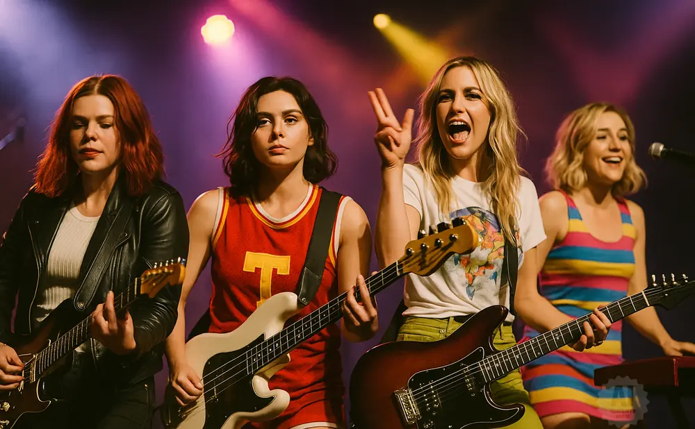 Women playing guitars on stage with colorful lighting.