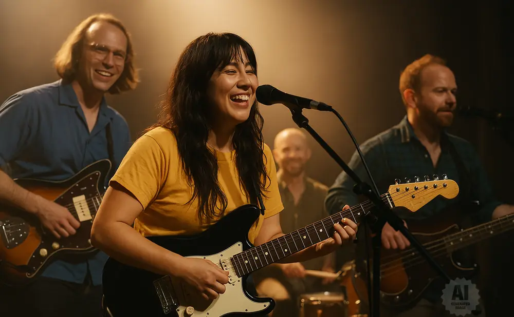 A woman in a yellow shirt sings and plays a black electric guitar in a band with other musicians.