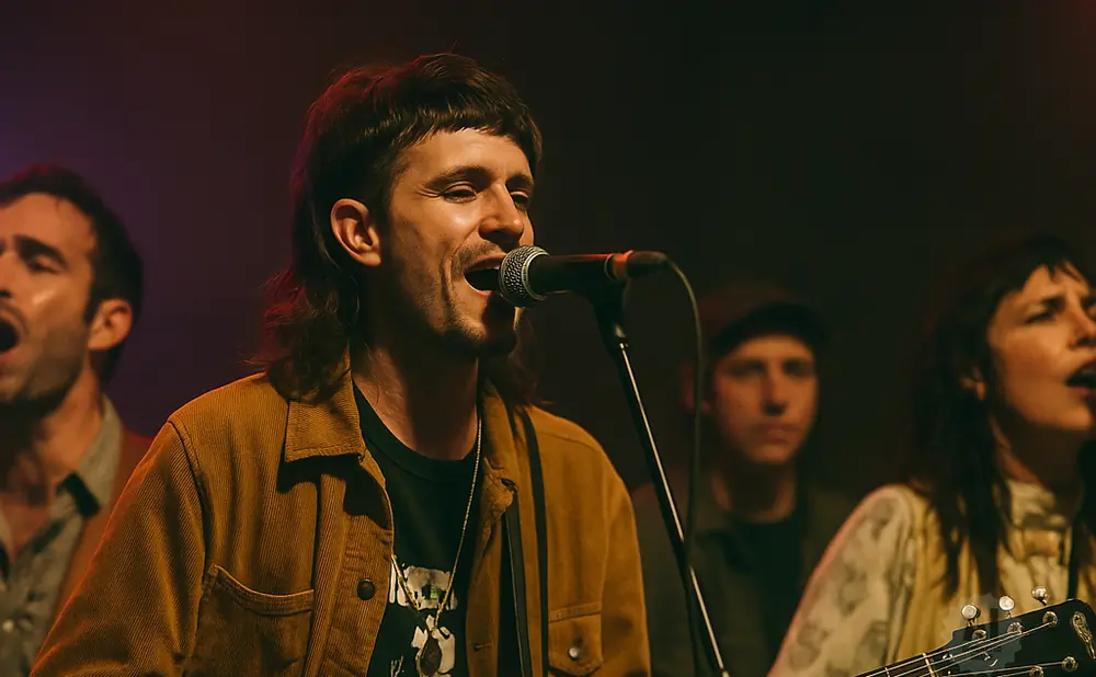 A male singer plays a white guitar and sings into a microphone, with band members behind him.