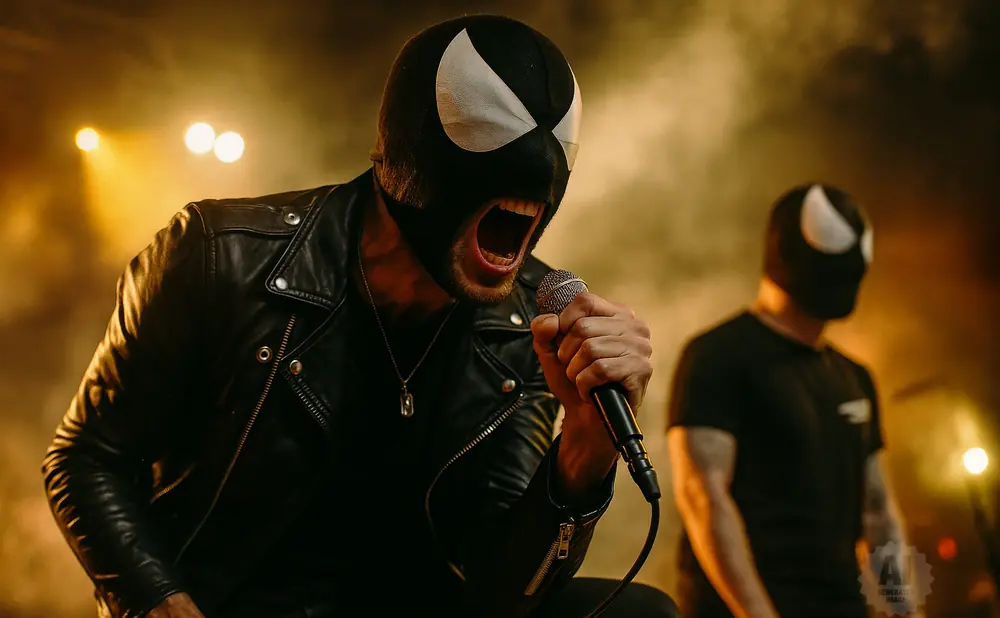 A singer in a black Venom mask and leather jacket belts into a microphone on a smoky stage.