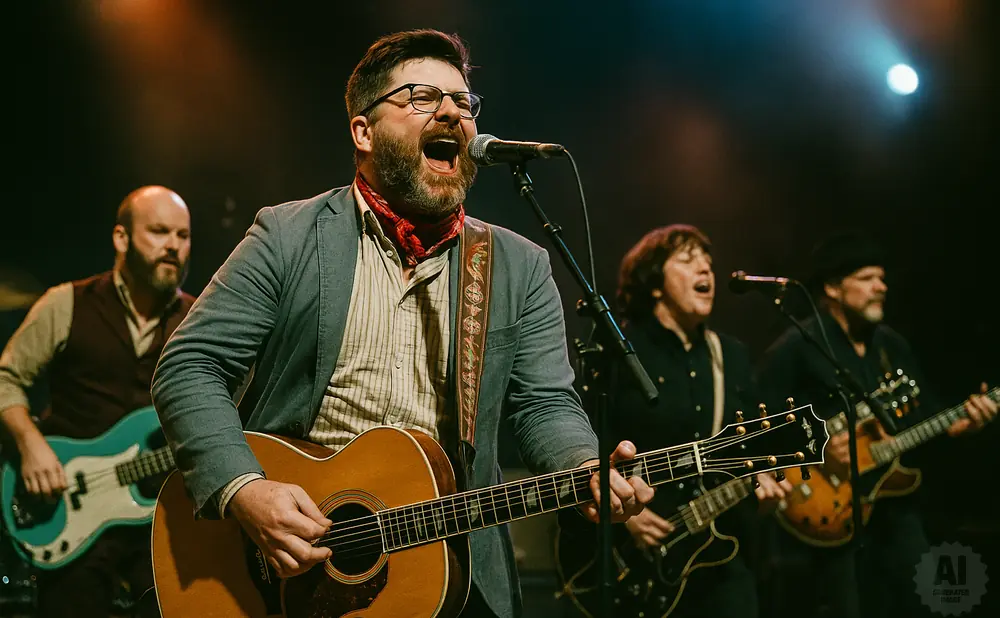 A band performs on stage with a lead singer playing guitar and singing into a microphone.