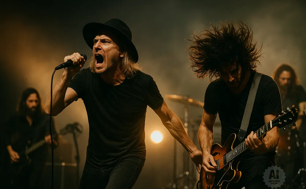 A band performs on stage with a singer in a hat, guitarist with wild hair, and drummer in the background.