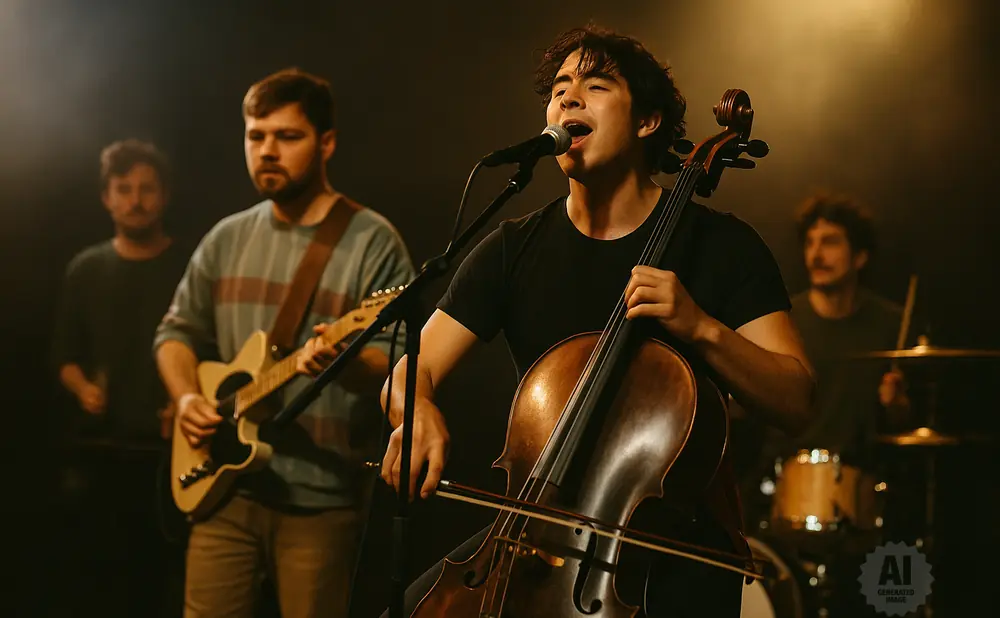 A band performs live, with a cellist singing into a microphone and guitarists and drummer visible.