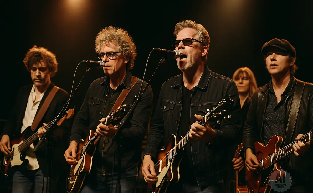 Band playing guitars on stage.