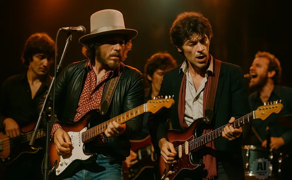 Musicians play guitars and sing on a stage with a drummer in the background.