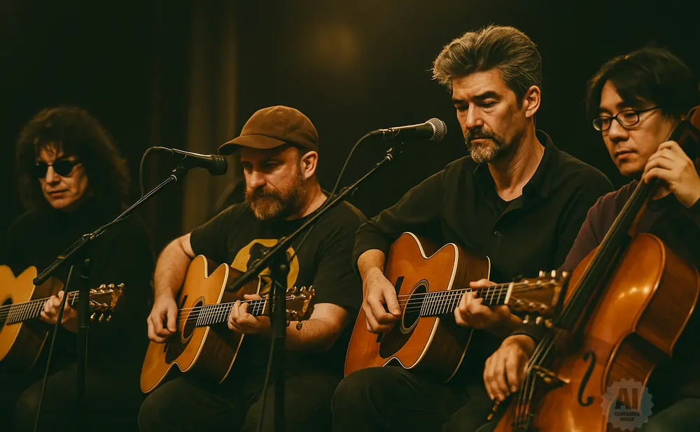 Four musicians play guitars and a cello on a dimly lit stage.