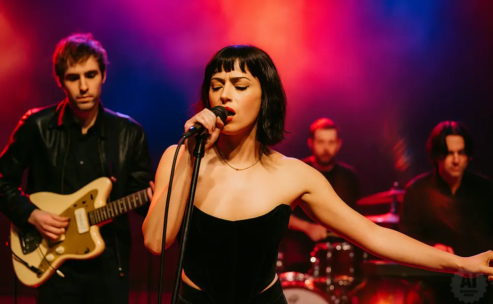A female singer performs with her band under colorful stage lights.