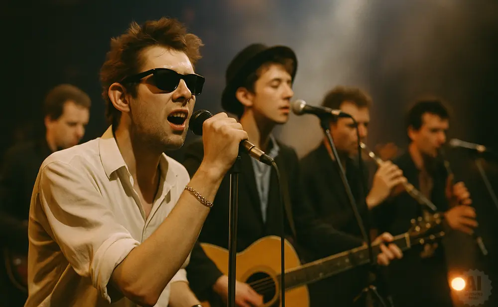A band performs on stage with a singer in sunglasses at the microphone and others playing instruments.