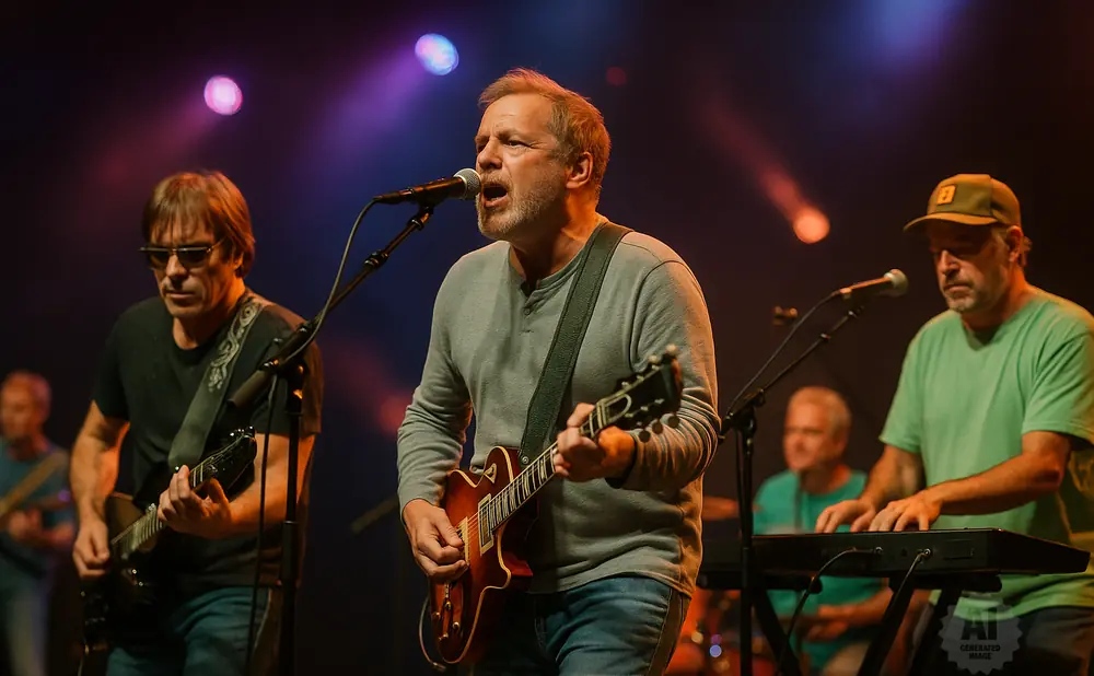 A band performs on stage, with three men playing guitars and keyboards under colorful stage lights.