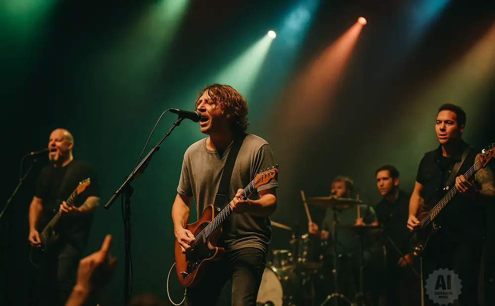 A band performs on stage with green and red spotlights illuminating them.