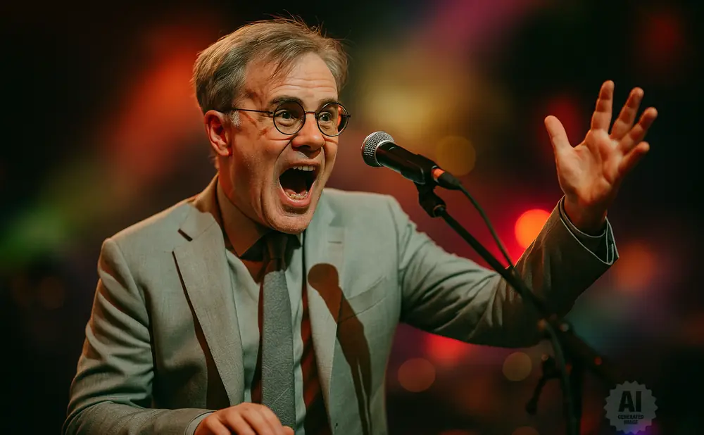 Man in a light blue suit and tie singing into a microphone at a keyboard, with his hand raised.