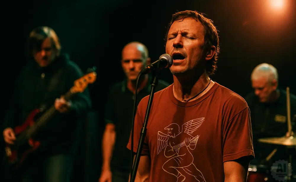 Man in a red shirt singing into a microphone with his eyes closed, band members behind him.