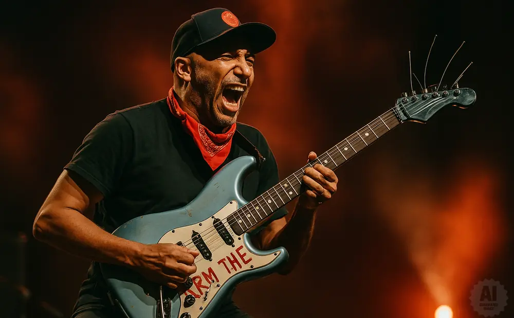 Musician plays a light blue guitar with red lettering that reads 