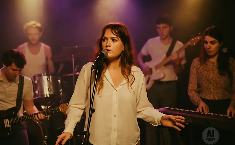 A band performs on a dimly lit stage, with a female singer center stage in front of a microphone.