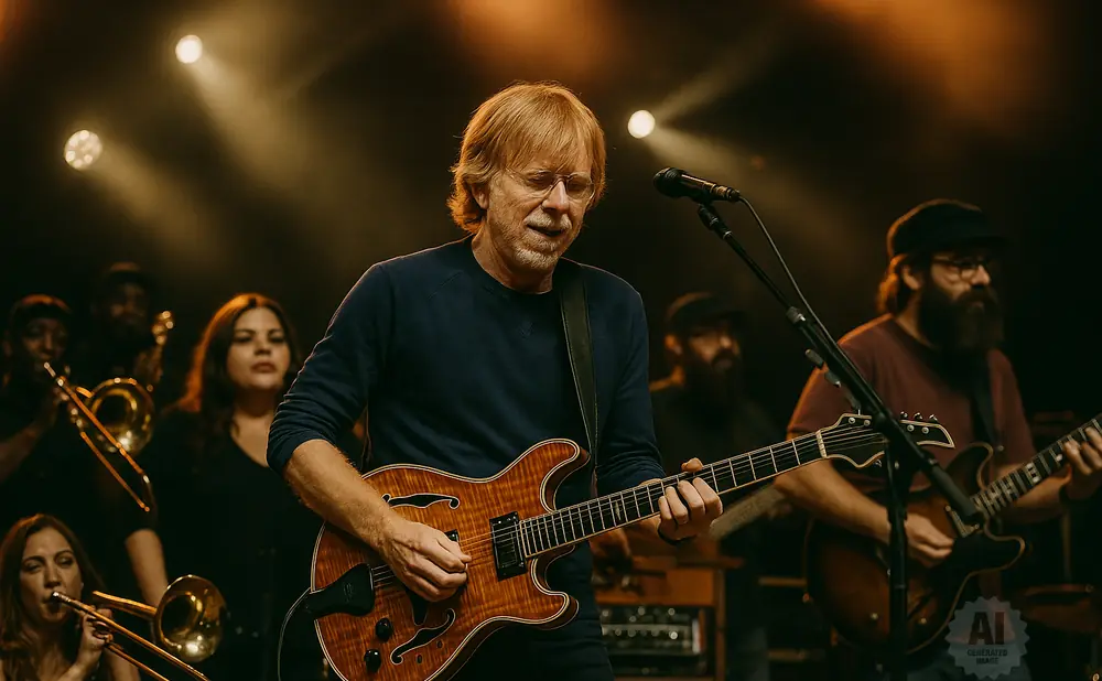 Guitarist Trey Anastasio plays his signature guitar on stage with a band.