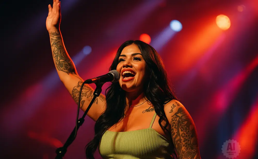 A tattooed woman sings into a microphone on a dimly lit stage, her arm raised.