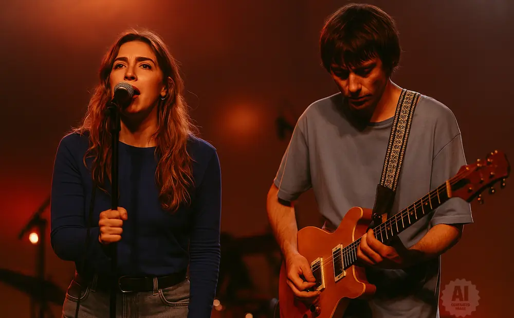 A woman sings into a microphone while a man plays guitar onstage.