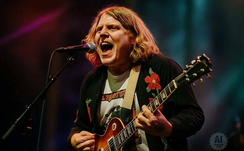 A male guitarist sings into a microphone with his eyes closed and blonde hair flowing.