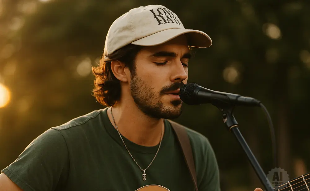 Musician with eyes closed sings into a microphone, wearing a baseball cap and playing an acoustic guitar.