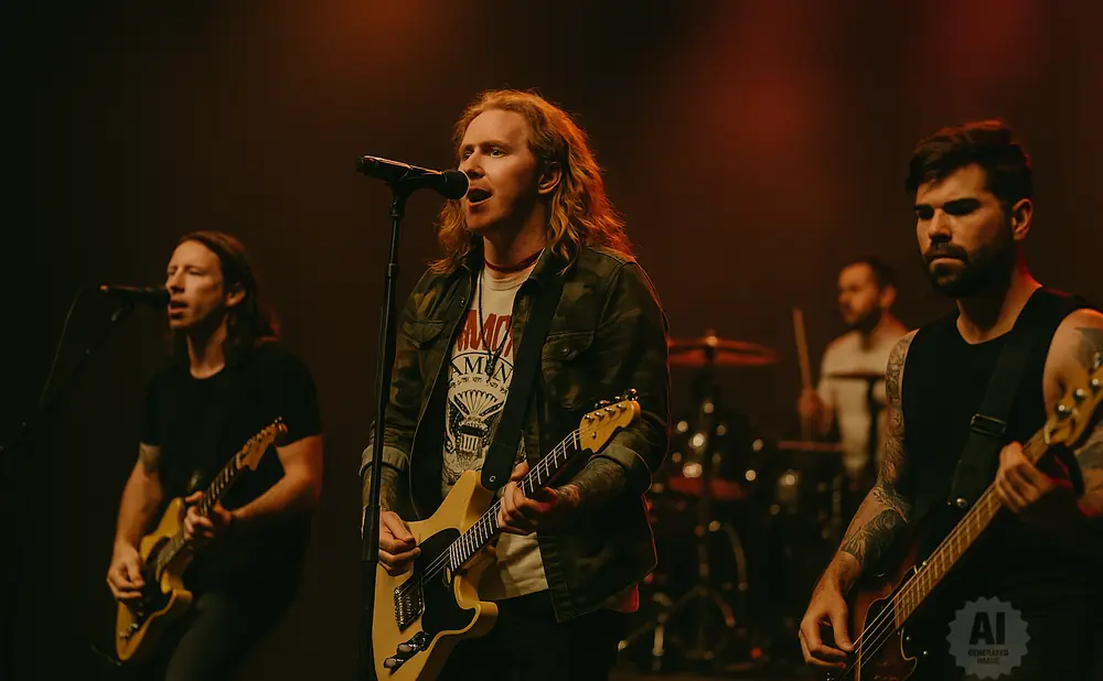 A band performs live on stage with a singer in the foreground and other band members playing instruments.