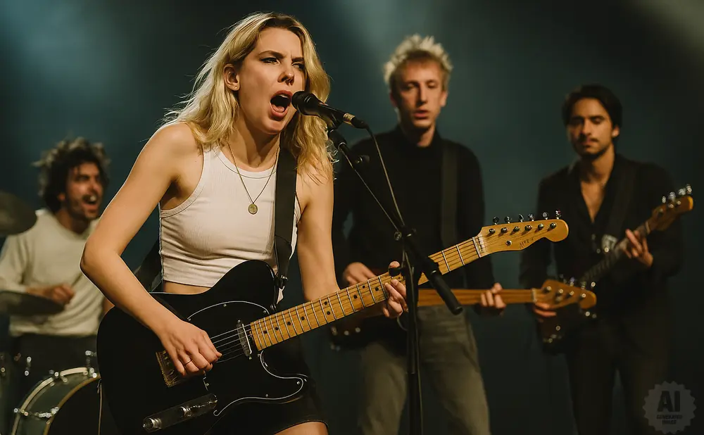 A female lead singer with blonde hair sings into a microphone while playing a black electric guitar on stage with her band.