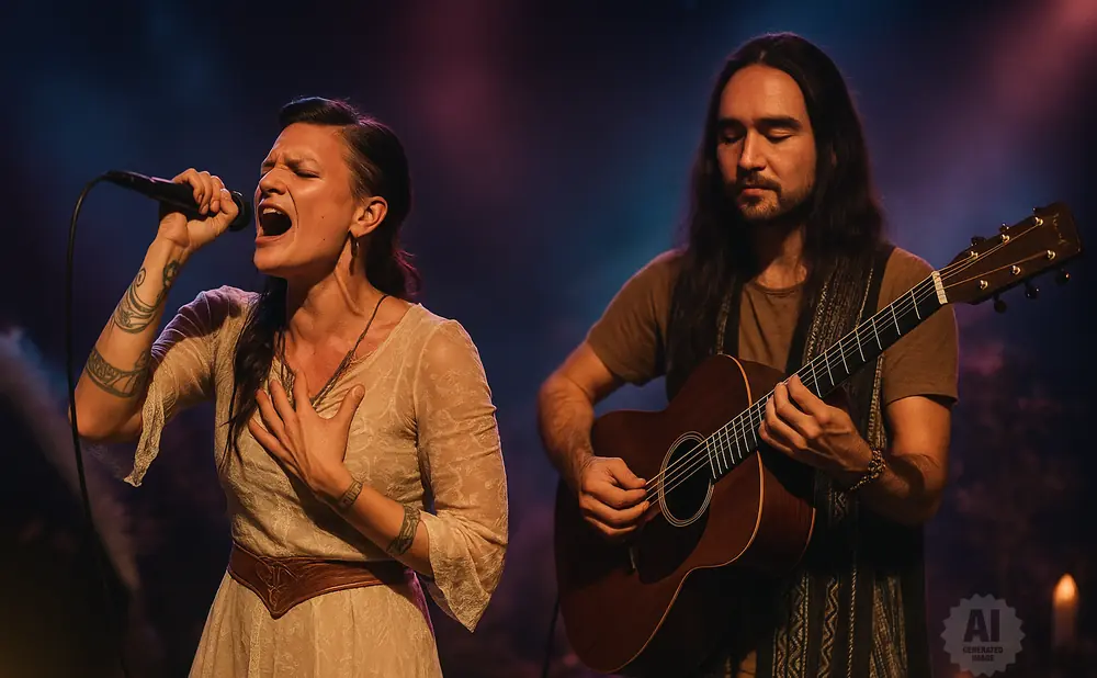 A woman sings into a microphone, hand on her chest, while a man plays an acoustic guitar beside her.