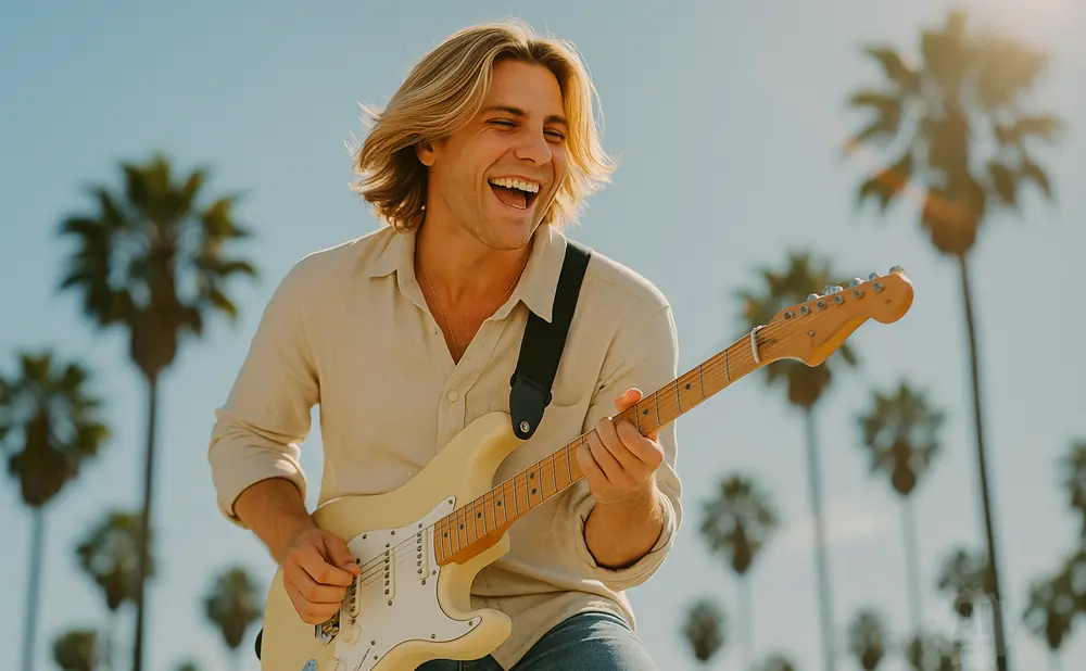 A man with blonde hair plays a cream-colored electric guitar on a sunny day, surrounded by palm trees.