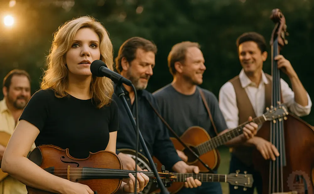 A female violinist sings into a microphone while a band plays guitar and upright bass at sunset.