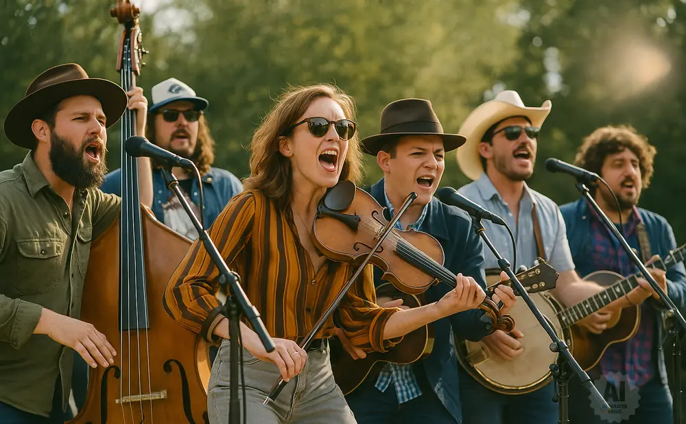 A band performs bluegrass music outdoors, with a woman playing the violin and others singing and playing instruments.