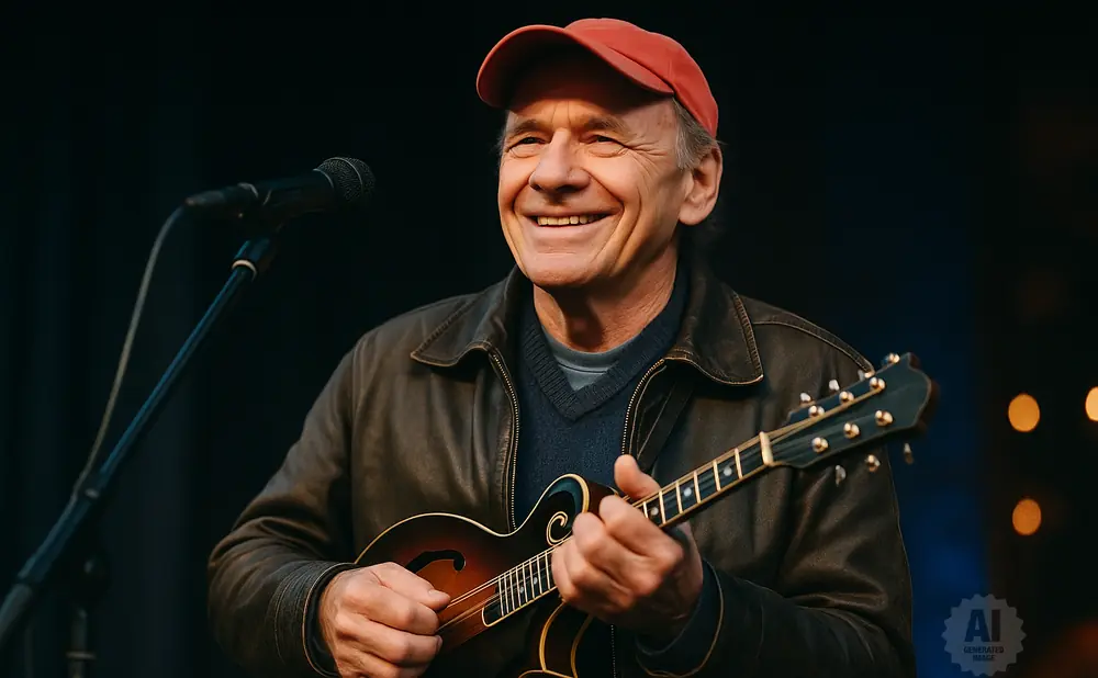 Man wearing a red cap and brown leather jacket smiles while playing a mandolin near a microphone.