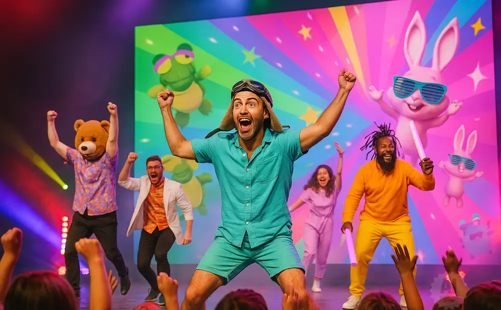 A group of performers in colorful costumes dance on stage with a cartoon backdrop.