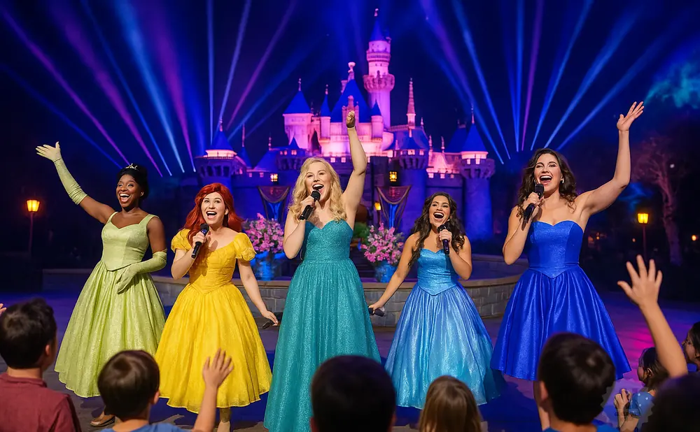 Five Disney princesses sing on stage in front of a castle, with an audience of children in the foreground.