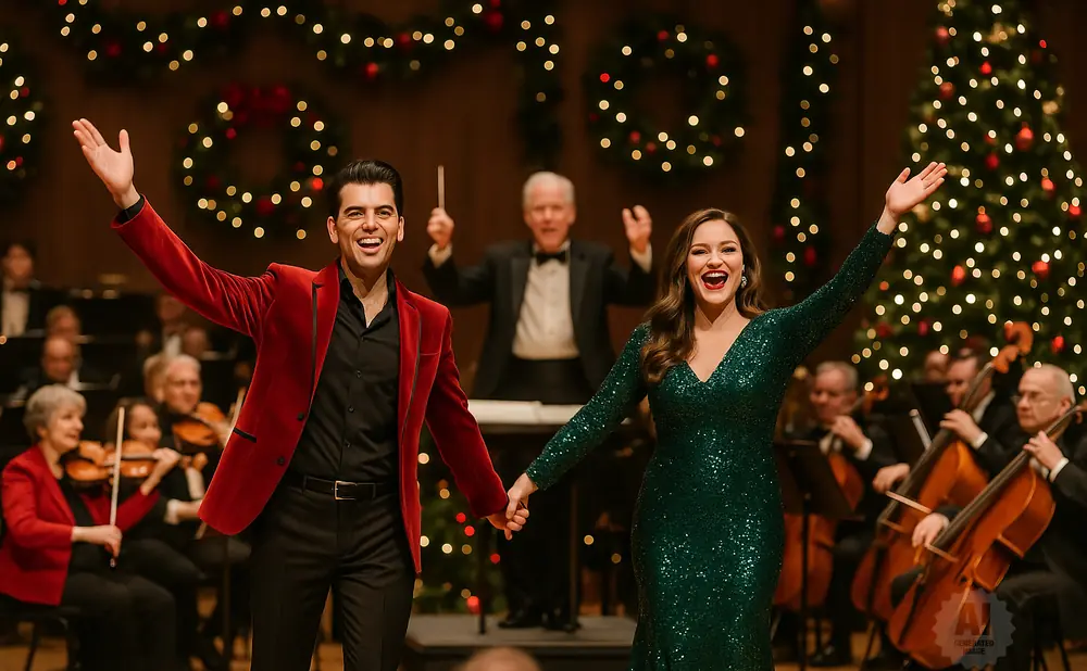 A man in a red jacket and a woman in a green sequined dress sing with arms raised, holding hands, with an orchestra behind them and a Christmas tree.