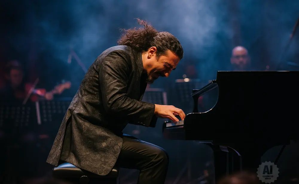 Pianist with curly hair plays a black grand piano on a smoky stage.