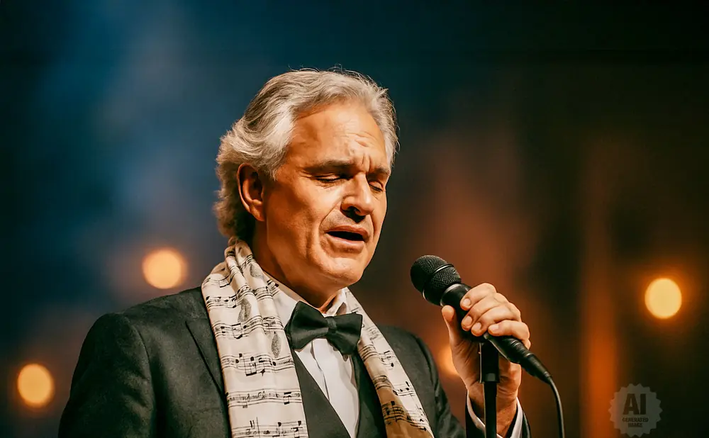 Andrea Bocelli singing into a microphone, wearing a tuxedo and a scarf with sheet music.