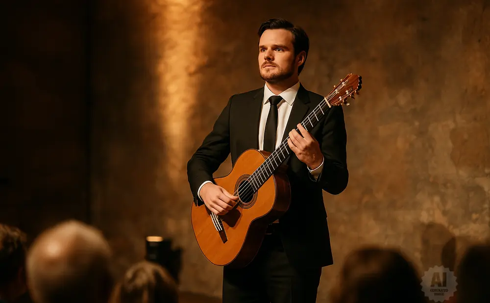 A man in a suit plays a guitar on stage with soft, warm lighting.