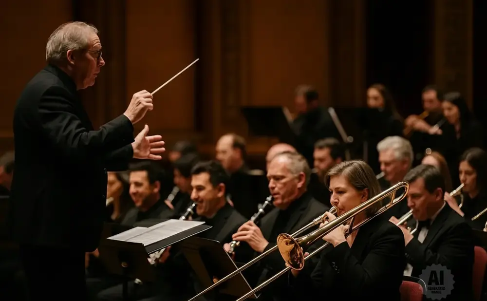 A conductor leads an orchestra. A woman plays the trombone in the foreground.