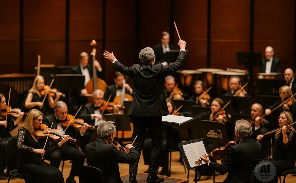 Conductor leading an orchestra of musicians playing violins.