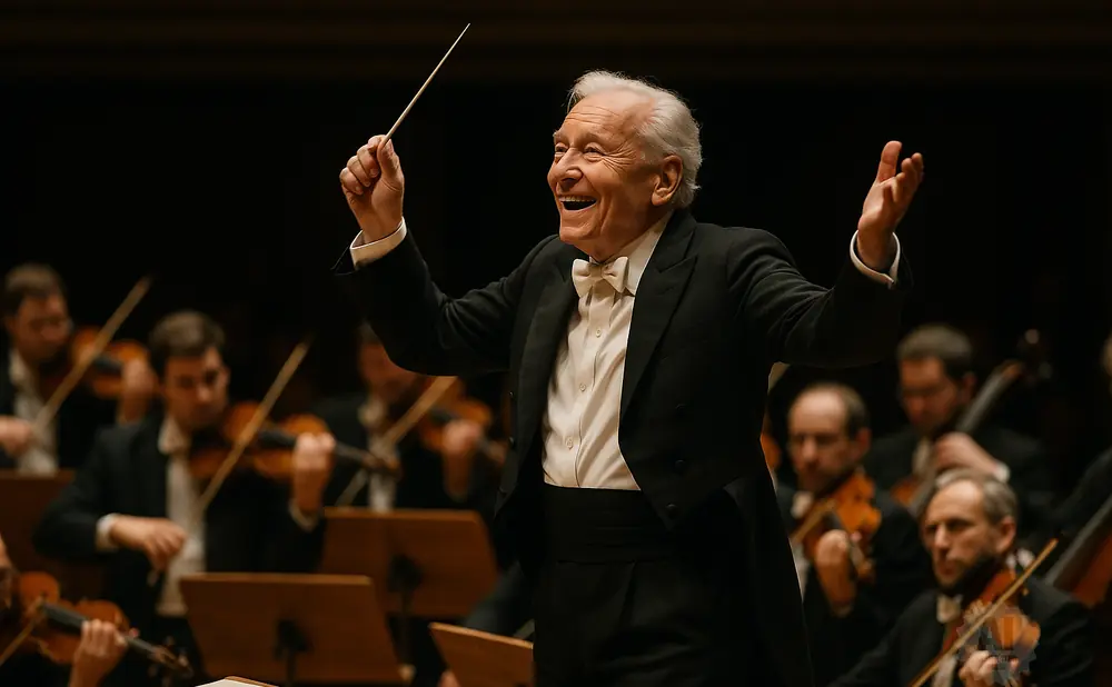 An elderly male orchestra conductor in a tuxedo smiles joyfully while leading musicians.