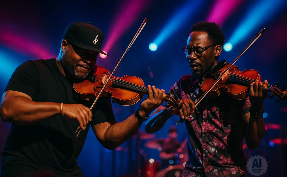Two Black men play violins on a stage with colorful lighting.