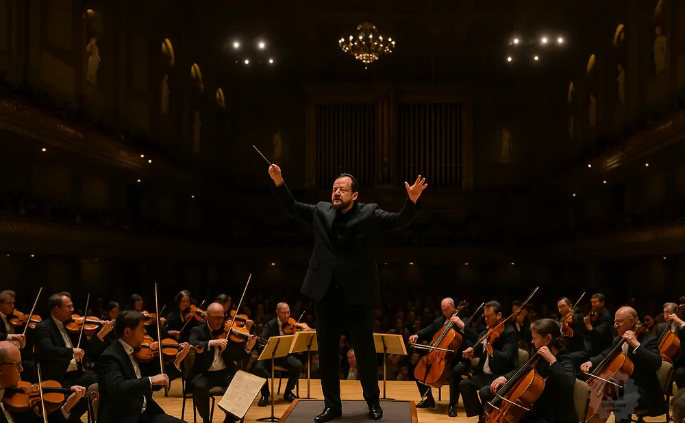 Orchestra conductor directs musicians from a raised podium in a grand concert hall.