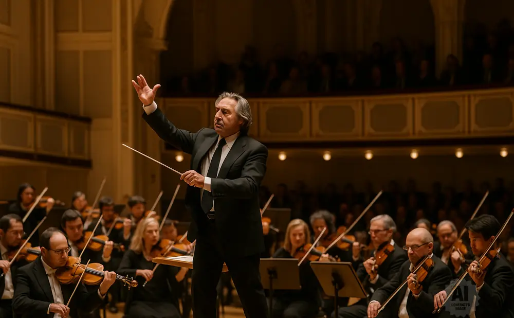 Conductor leading an orchestra, with violinists in the foreground playing.