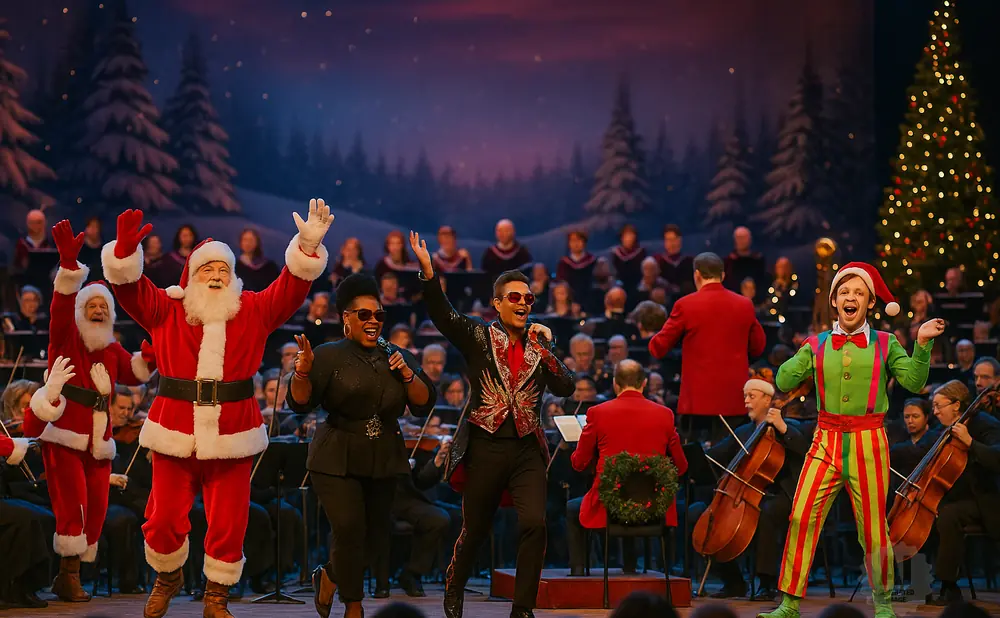 Performers in festive attire, including Santa Claus and an elf, sing on stage with a choir and orchestra.