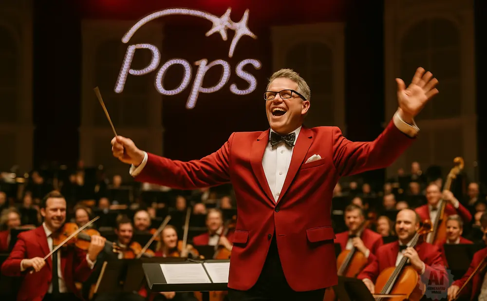 A conductor in a red jacket laughs with his arms outstretched, directing an orchestra.