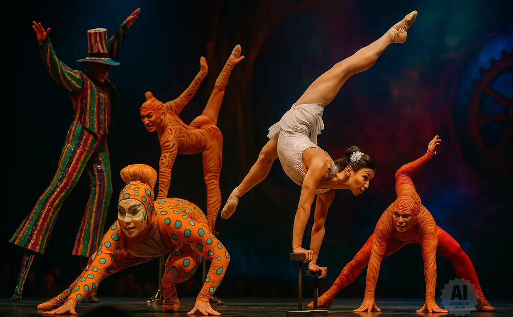 Acrobats in colorful costumes perform a balancing act on a stage with a dark, textured background.