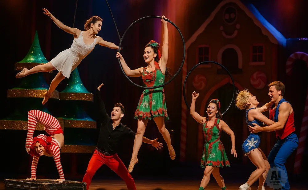 Circus performers in festive costumes perform aerial acrobatics and contortion with hula hoops and a backdrop of a gingerbread house.
